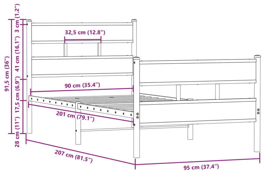 ágykeret fejtámlával és lábtámasszal matrac nélkül 90 x 200 cm