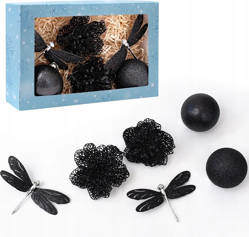 Karácsonyfadísz Szett Fekete Virág Szitakötő Karácsonyi Ajándék