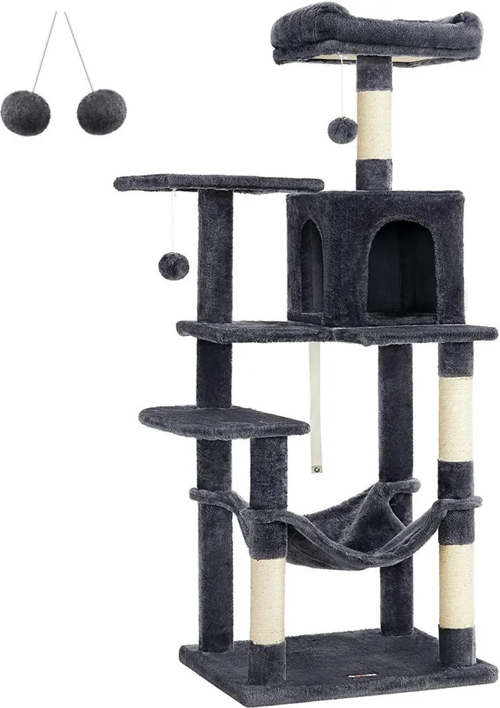 Macska kaparófa, többszintes macskatorony, szürke 55x45x143cm