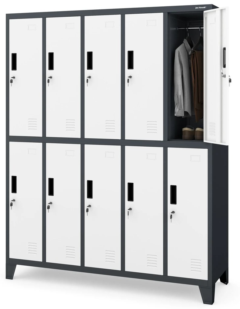 10 rekeszes öltözőszekrény lábakon BARTEK, 1360 x 1720 x 450 mm, antracit-fehér
