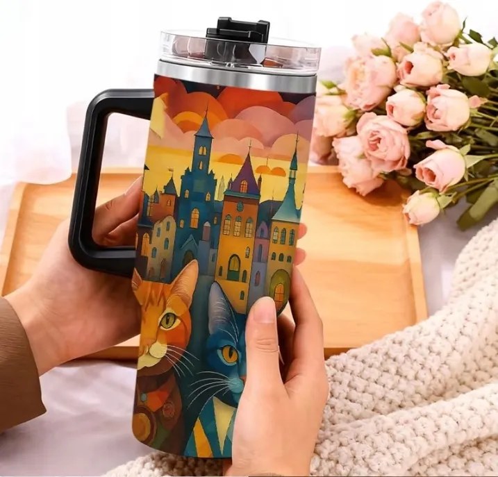 Thermo bögre termosz nagy kulacs színes macskák macska Pop Art vicces 1200 ml