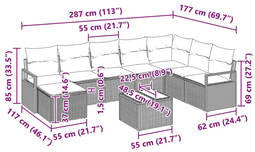 9 darabos kertkanapé szett párnákkal barna poli-rattan, 2 személyes kertkanapé párnákkal bézs poli-rattan
