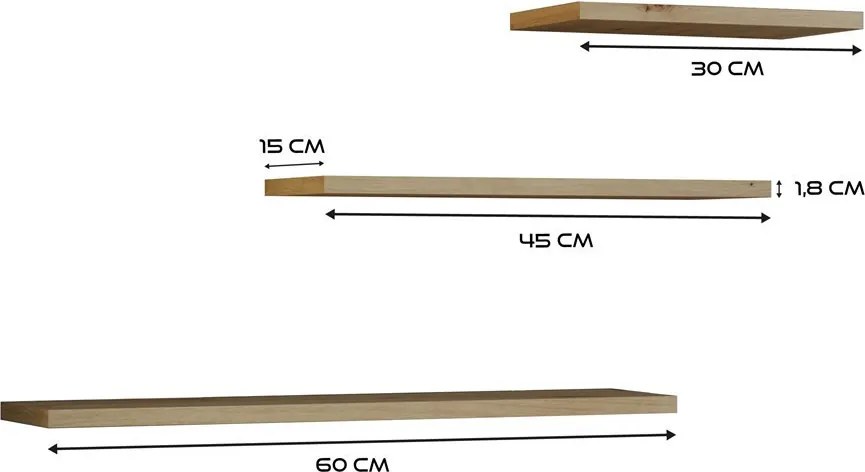 Tobi 3P fali lebegőpolc (3db), tölgy
