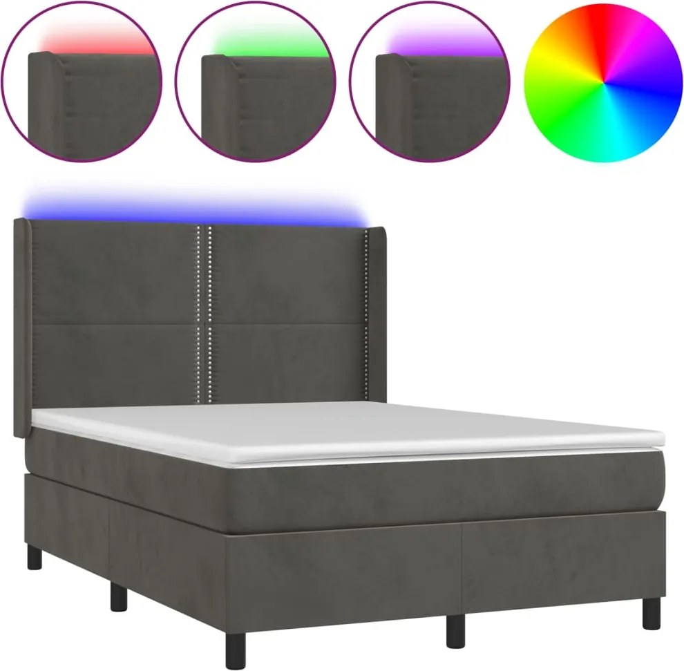 vidaXL sötétszürke bársony rugós és LED-es ágy matraccal 140x200 cm