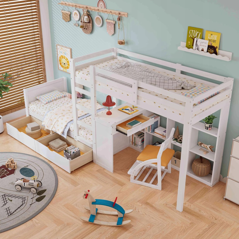 Emeletes ágy, gyerekágy Íróasztal Fiók Polc Fehér 90x200cm fenyő