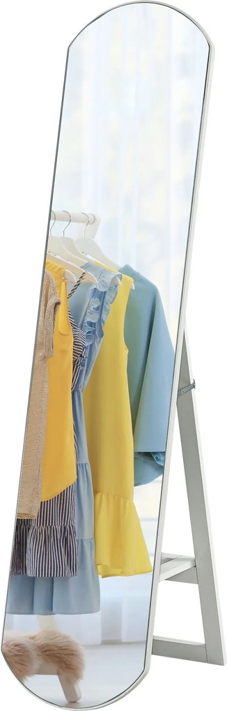 HOMCOM Ívelt Álló Tükör 150 cm, Nagy Tükör Tárolópolccal, Fali vagy Álló Használatra, Hálószobába, Bejárathoz, Előszobába, Fehér | Aosom