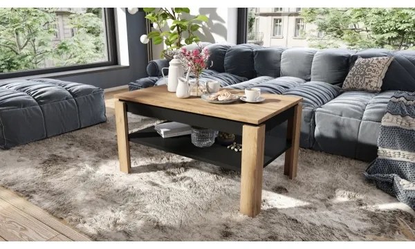 Bővíthető dohányzóasztal emelhető asztallappal és polccal ADEN craft tölgy/fekete