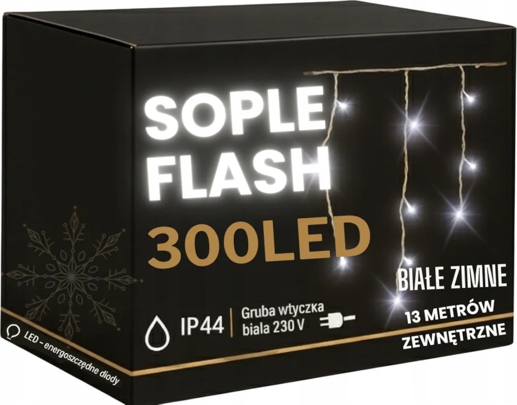 Jégcsap 300 Led 13 m Fehér Hideg Flash Kültéri Függöny Gumi Kábel