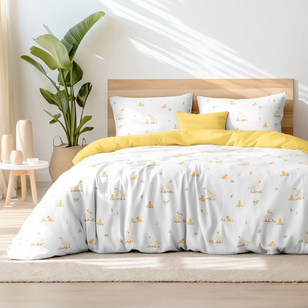 Goldea pamut ágyneműhuzat duo - kacsák, sárga hátoldal 240 x 220 és 2db 70 x 90 cm