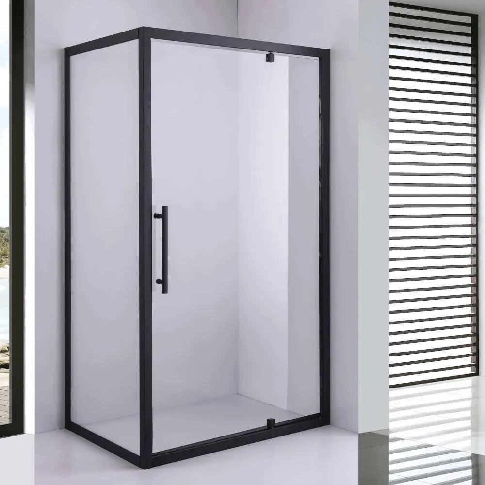 Stuxi Torino Black 100x90 aszimmetrikus szögletes nyílóajtós zuhanykabin 6 mm vízlepergető biztonsági üveggel, matt fekete elemekkel, 200 cm magas
