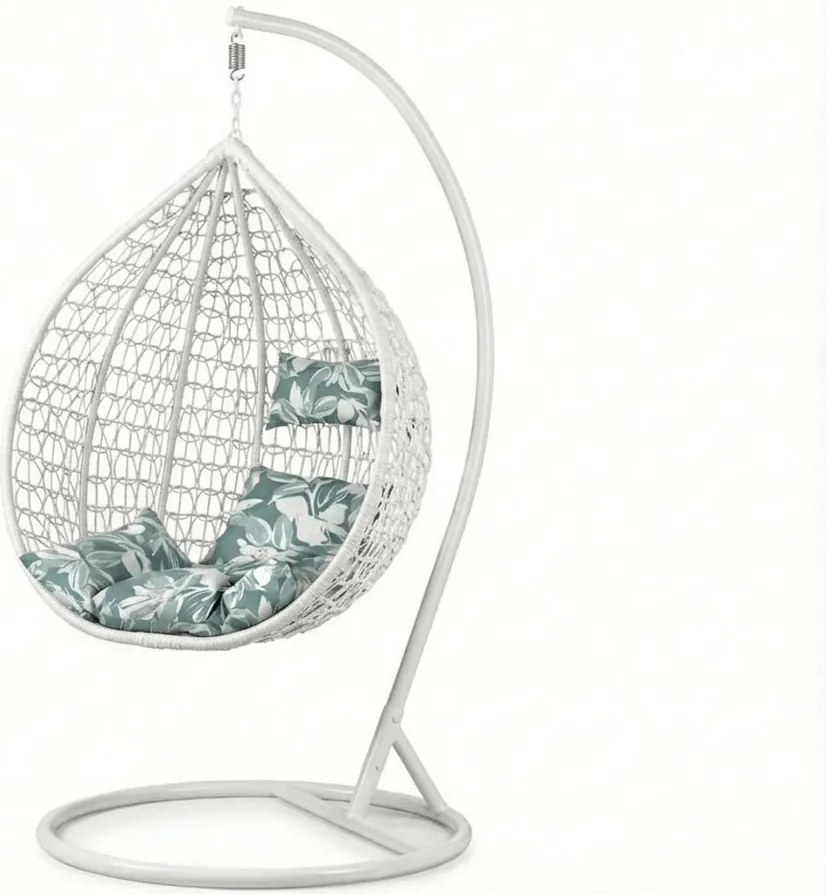 Fehér függő szék KOKON állvánnyal, zöld-fehér párnával