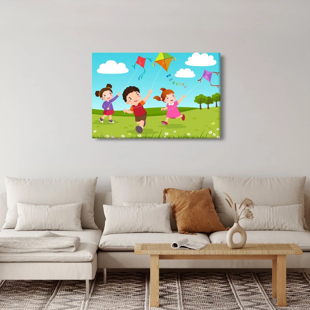 Kép - Sárkányrepülőt éngedő gyermekek (90x60 cm)