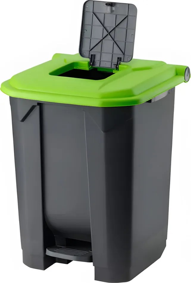Planet Szelektív hulladékgyűjtő konténer, műanyag, pedálos, antracit, zöld, 50L