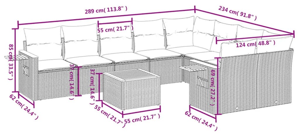 10 részes bézs polyrattan kerti ülőgarnitúra párnával