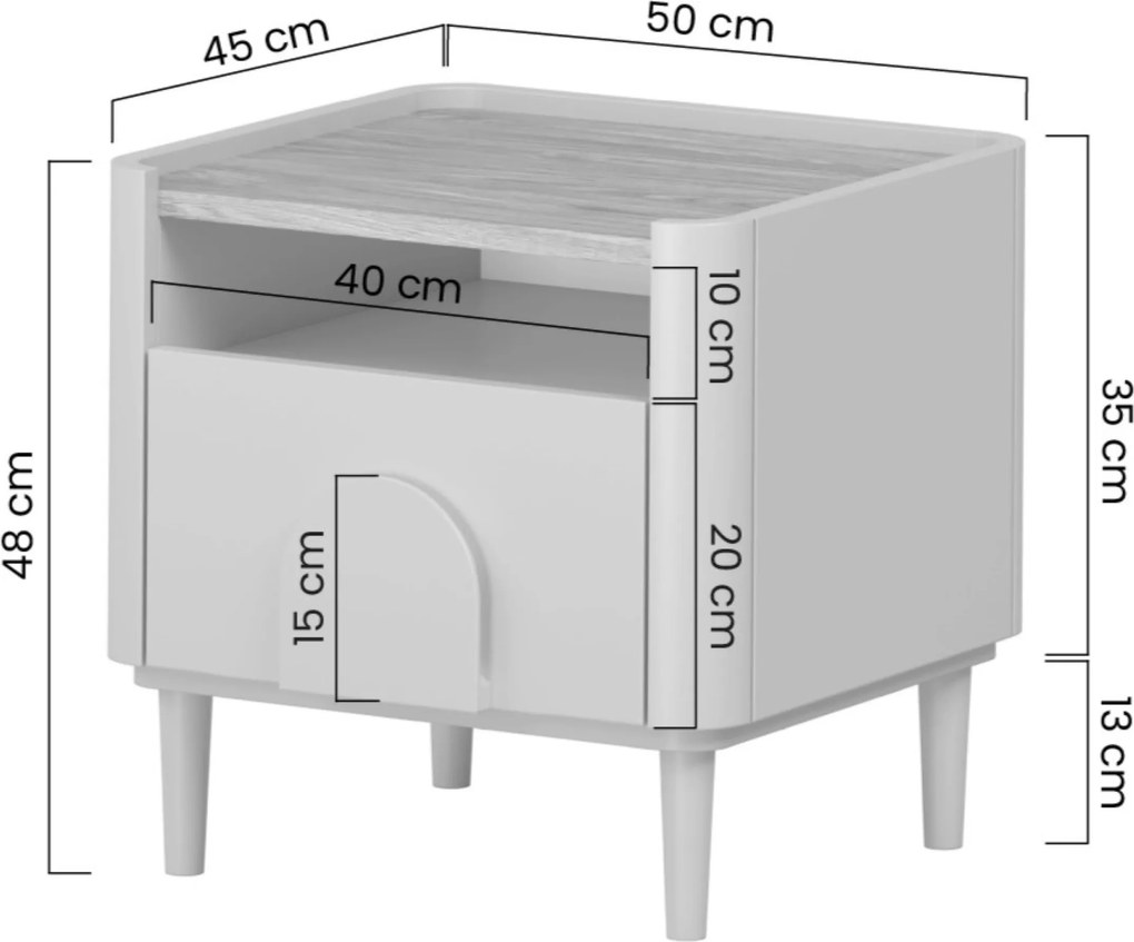 Amilio éjjeliszekrény fiókkal 50 cm lábakon - kasmír / olajozott tölgy / kasmír fogantyú