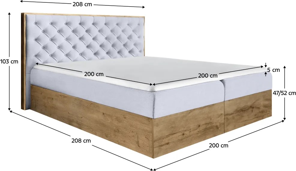 Boxspring ágy, 200x200, szürke Paros szövet/lancelot tölgy, WOOD 3