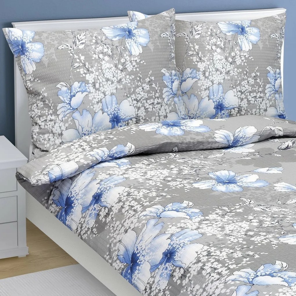 Bellatex Kék hibiszkusz krepp ágyneműhuzat szürke, 140 x 200 cm, 70 x 90 cm, 140 x 200 cm, 70 x 90 cm