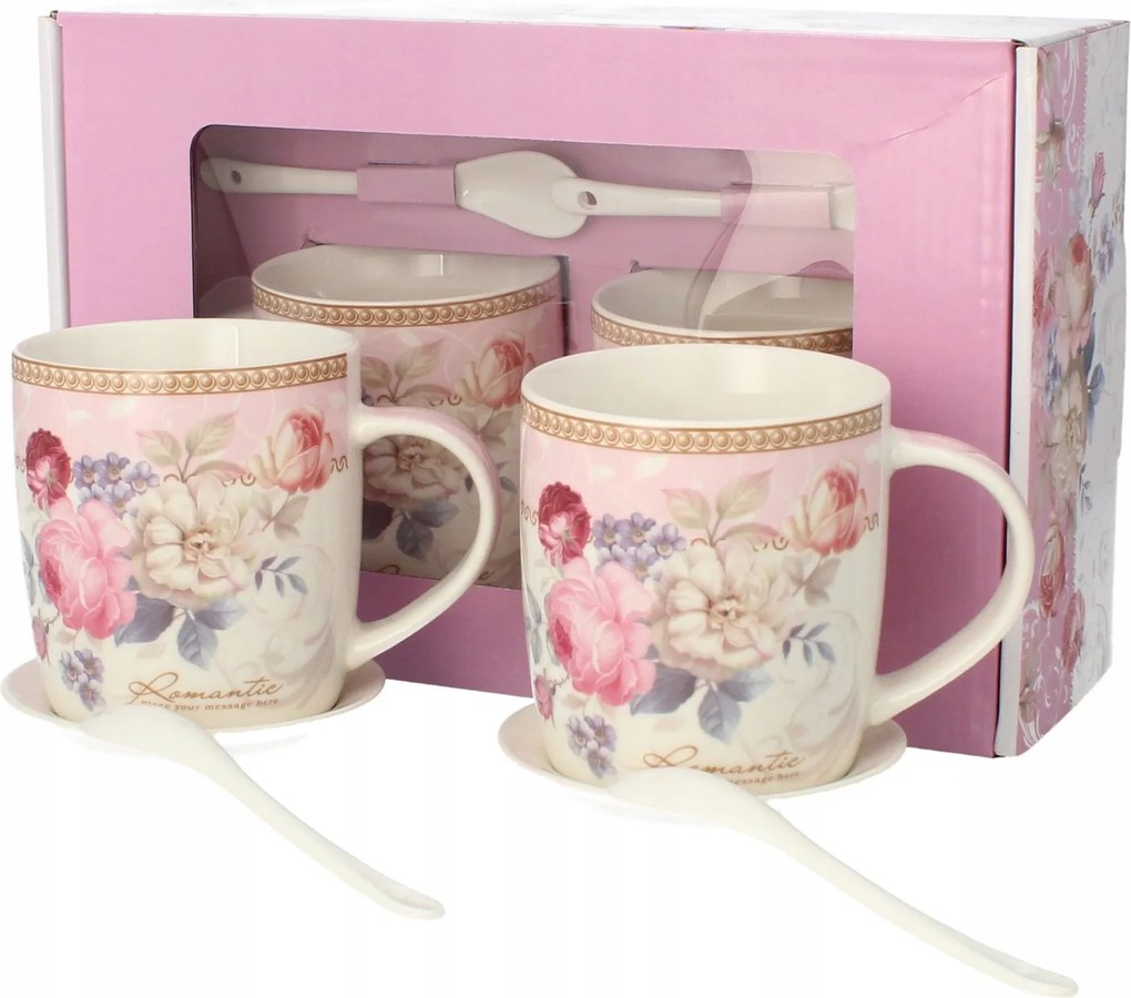 2 db-os Porcelán Bögre Szett 340 ml Kávés Csészék Alátétekkel és Virágos Kanalakkal