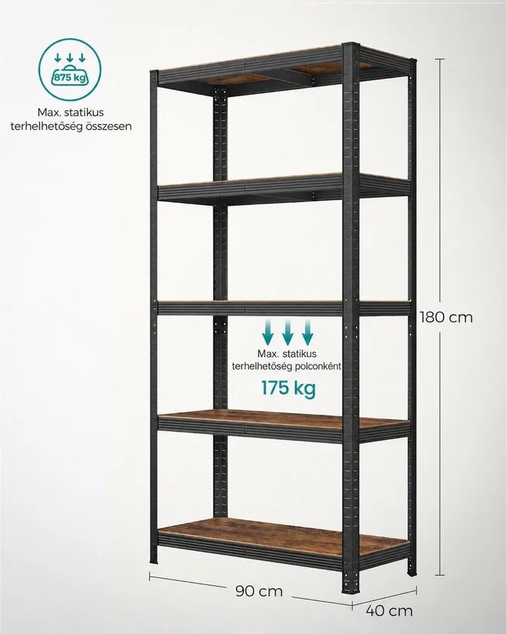 Nagy teherbírású tárolópolc, 5 állítható polccal, 875 kg teherbírás, 90 x 40 x 180 cm, rusztikus barna/fekete