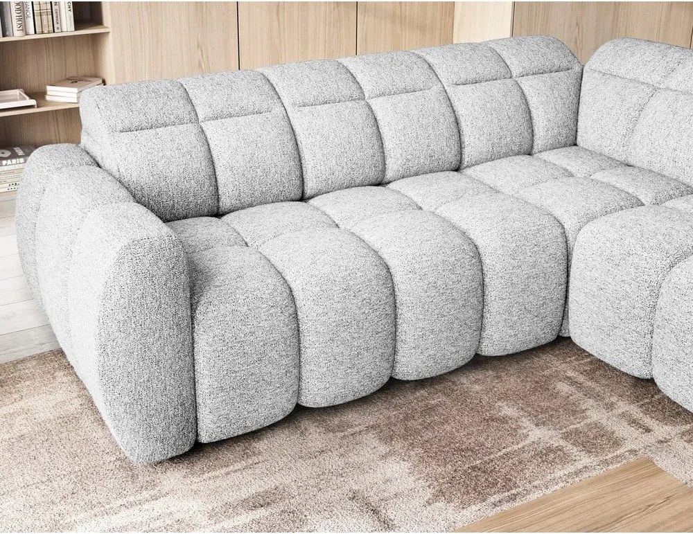 Világosszürke buklé kinyitható-tárolóhelyes sarokkanapé (jobb oldali-L alakú) Falconn – ELTAP