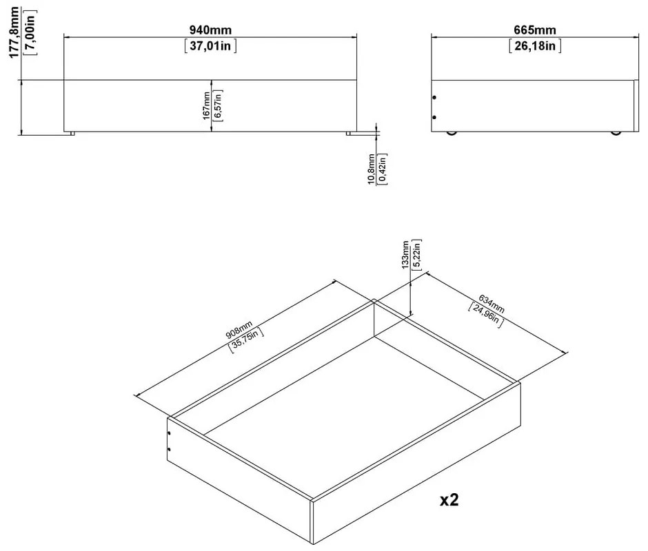 Fekete ágy alatti fiók szett 2 db-os 90x190-140x190 cm Naia – Tvilum