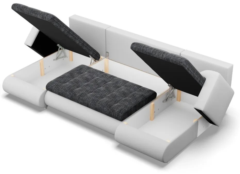 Tokio U alakú sarokkanapé, 3 ágyneműtartóval, fonott + műbőr, univerzális oldal, sötétszürke - fehér