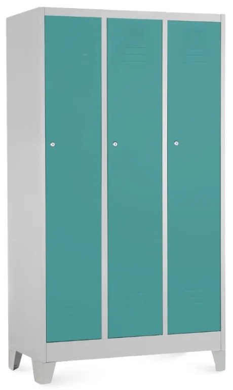 Fém szekrény - 3 rekeszes, 90 x 50 x 160 cm, fix lábakkal, hengerzár, zöld - ral 6033