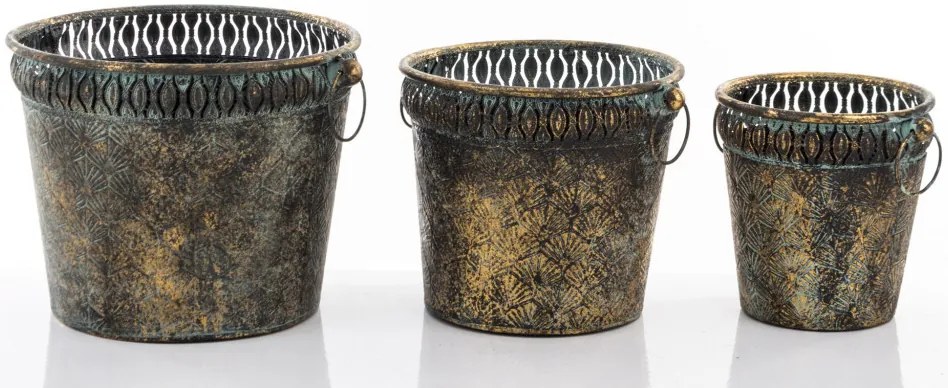 Kaspó 3 db-os szett, sötét arany fém, patinás 22x30.5x27.5 20x25x22 18x20x17cm