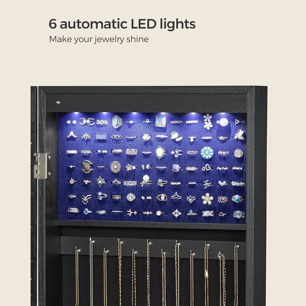 Fali ékszerszekrény, tükrös szekrény 6 led izzóval, fekete
