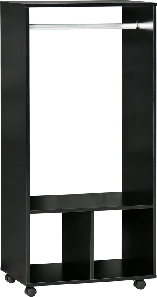 HOMCOM Görgős Szekrény, Nyitott Designú Szekrény Akasztós Rendszerező Polcokkal Hálószobai Ruhákhoz 60x40x128 cm Fekete | Aosom