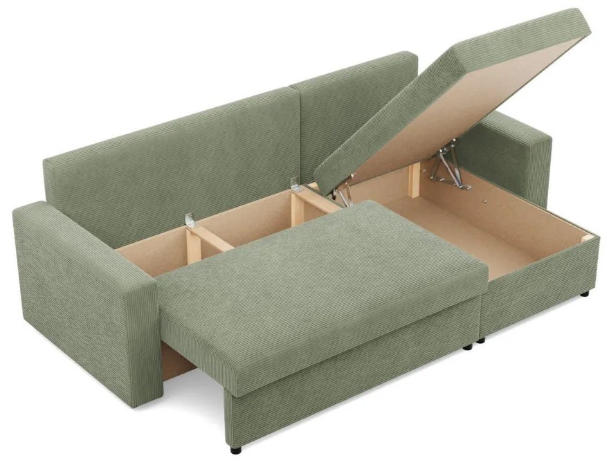 Zeus sarokkanapé, 2 ágyneműtartóval, egyenes kartámasz, kordbársony, univerzális oldal, hab töltet, zöld