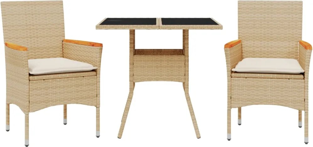 vidaXL 3 részes bézs polyrattan/üveg kerti étkezőgarnitúra párnákkal