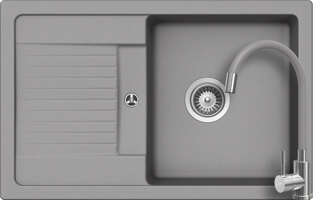 Schock Lima D-100S konyhai mosogatótálca 780 x 500 mm Cristalite Croma, szürke és Schock Flora flexibilis csövű konyhai csaptelep, inox, szürke