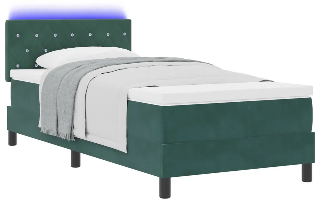 vidaXL LED Box Spring Ágy matracmal Sötétzöld 90 x 200 cm Bársony