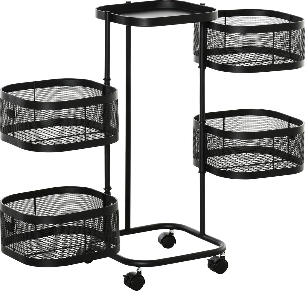 HOMCOM Névleges Trolly 4 Drótkosárral, Felső Polccal és Forgó Kerekekkel, Acél és PP Műanyag, 33x33x77cm, Fekete | Aosom