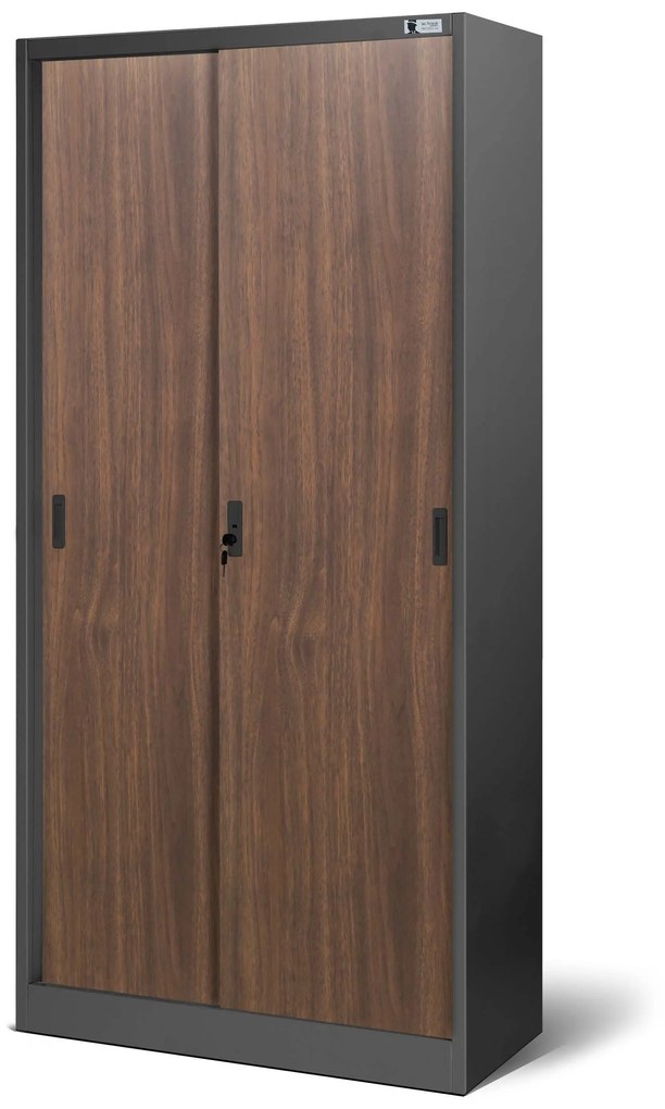 Fém iratszekrény polcokkal tolóajtókkal KUBA, 900 x 1850 x 400 mm, Eco Design: antracit/ dió
