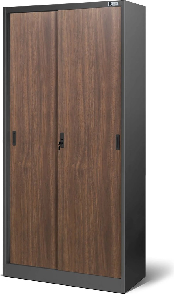 Fém irodai szekrény tolóajtókkal, antracit/dió, 900x1850x400 mm: KUBA Eco Design