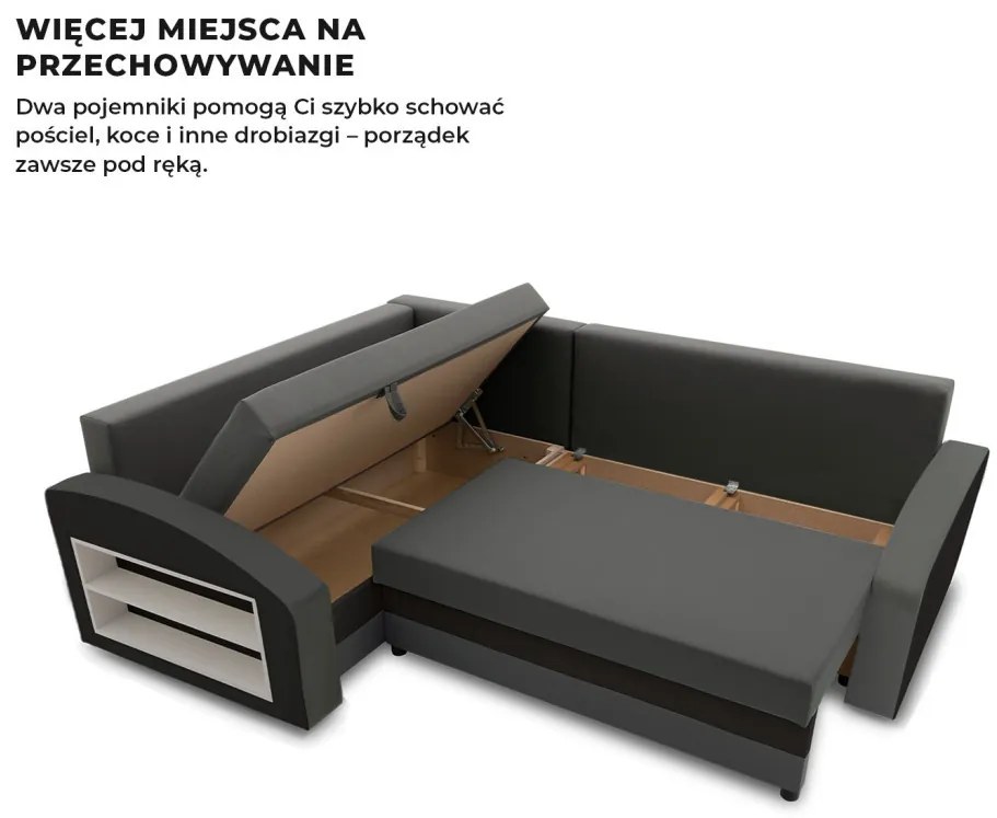 Grande sarokkanapé polcokkal , polc a bal karfaban, baloldali, szövet anyag, bonell töltet, szürke - fekete