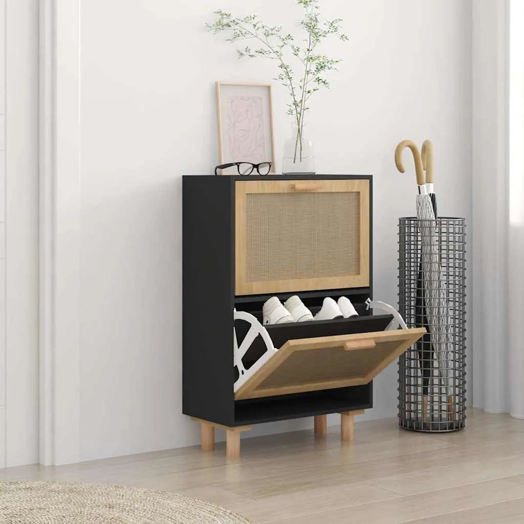 fekete szerelt fa és természetes rattan cipőszekrény 52x25x80cm
