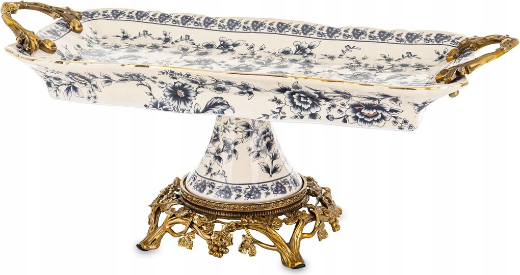 Palota tálca Retro kerámia öregített fehér kék arany patera láb