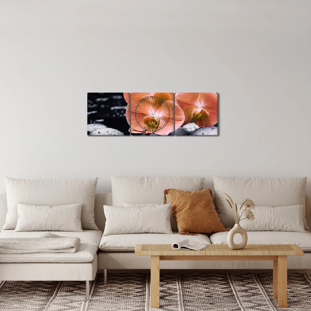 Kép - Narancssárga orchidea pálmalevelekkel (órával) (90x30 cm)