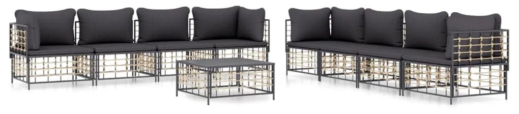 9 részes antracitszürke polyrattan kerti ülőgarnitúra párnákkal