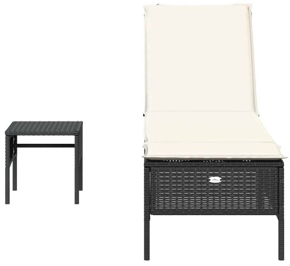 fekete polyrattan napozóágy asztallal és párnával