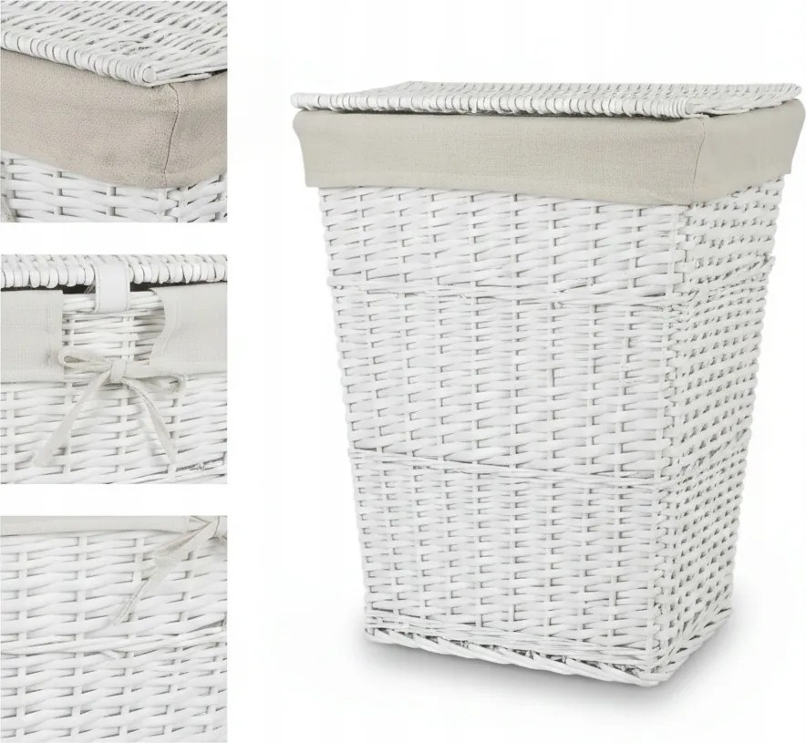 Fonott Szennyestartó Kosár Fehér Lenvászon Betéttel, Fürdőszobai Fedéllel