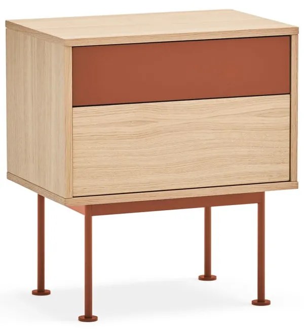 Yoko téglavörös éjjeliszekrény tölgyfa dekorral - Teulat