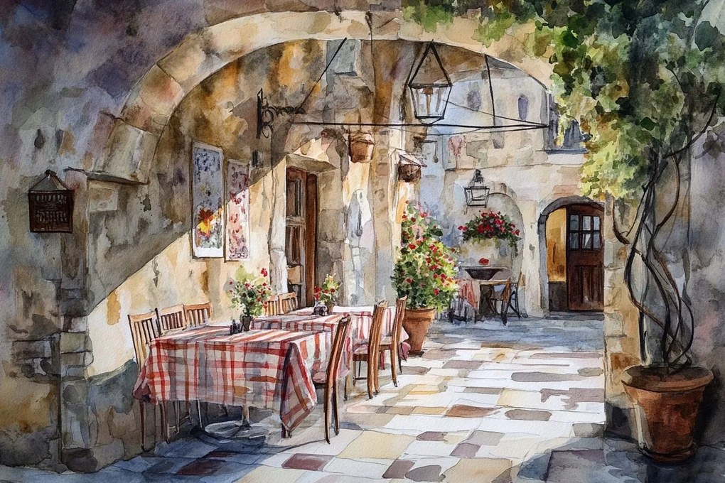 Vászonkép Canvas Akvarell Étterem Olaszország Trattoria 60x40