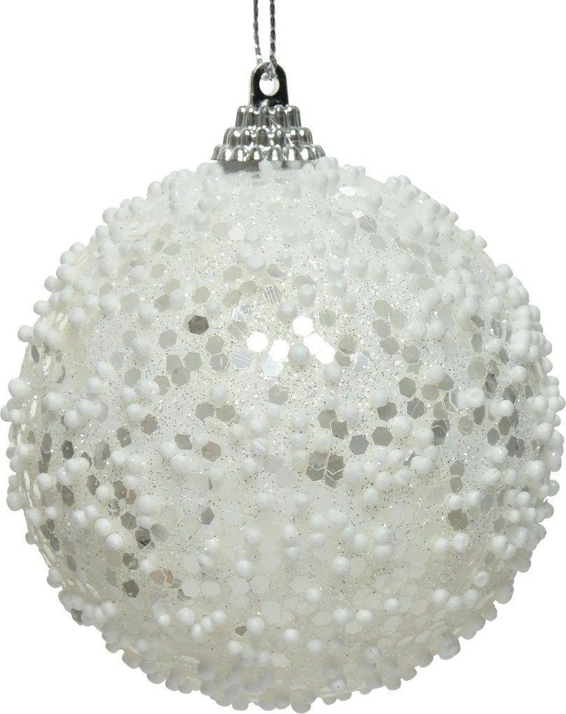Karácsonyi gömb fehér flitterekkel és hóval 8cm