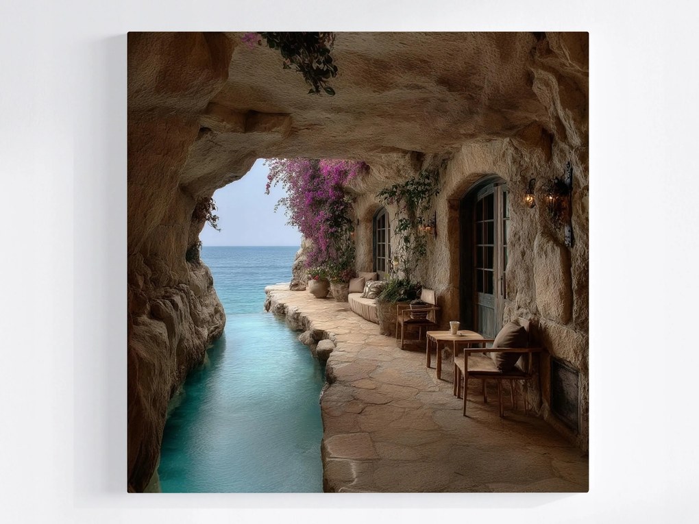 Vászonkép Canvas Sziklabarlang Azúrkék Tenger Virágok Nyaralás 40x40
