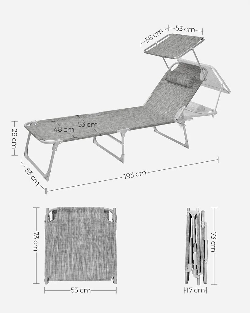 Összecsukható napozóágy napellenzővel 53 x 193 x 29,5 cm, 150 kg-ig terhelhető, Greige