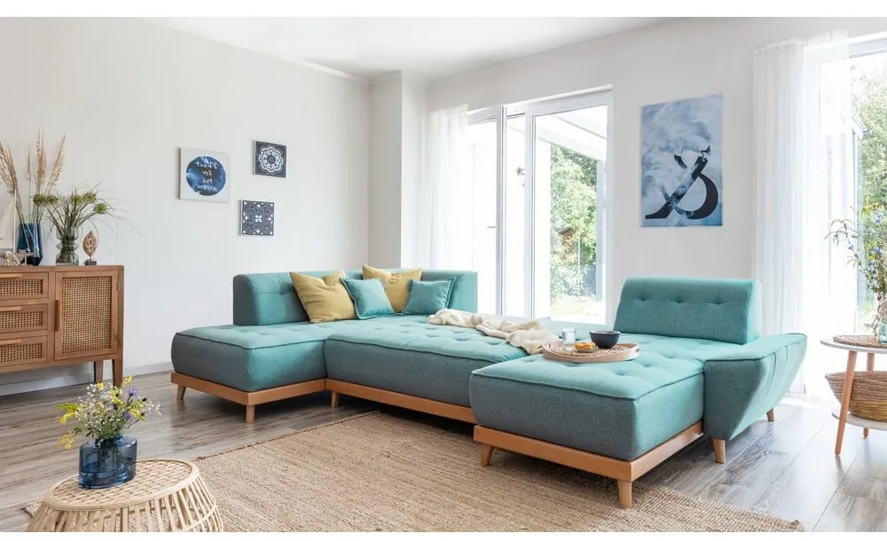 Türkiz kinyitható sarokkanapé (bal oldali-U alakú) Dazzling Daisy – Miuform